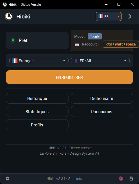 Hibiki Dictate — interface principale en mode sombre