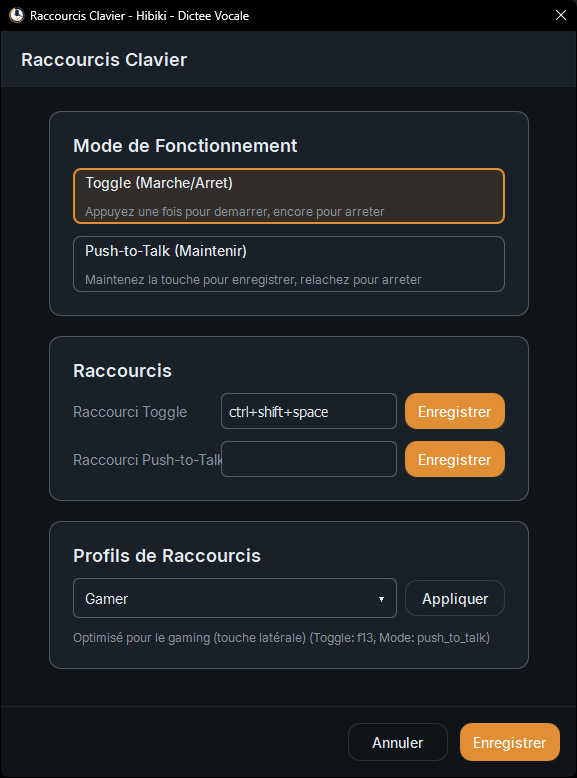 Hibiki Dictate — raccourcis clavier